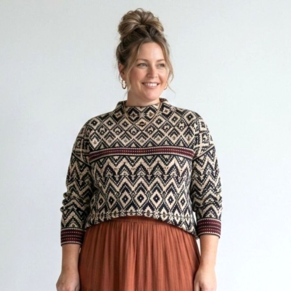 Tahari Aztec Tribal Mock Neck Women’s Sweater 1X Geometric Pullover Soft Comfort